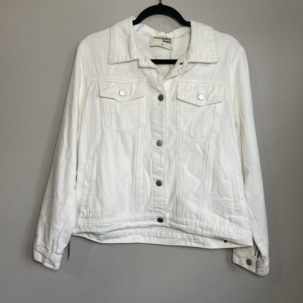 Savanna Jane Denim Ivory White Jacket Sz Medium Women Rhinestone Fringe Festival
